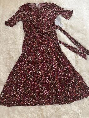 London Times Burgundy Multi-Spot Wrap Midi Dress